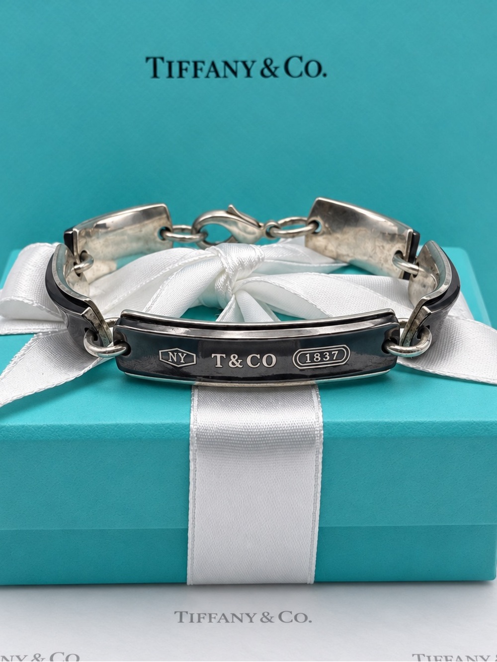 Tiffany & Co. 1837 Titanium Sterling Silver Bar Link Bracelet 8.25” Unisex Gift